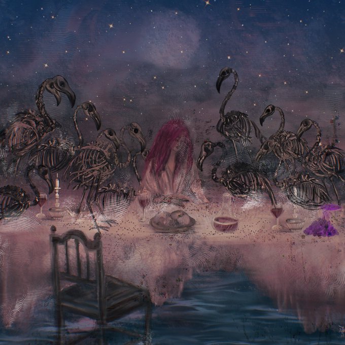 A dark, whimsical illustration depicting skeletal flamingos gathered around a figure with long pink hair seated at a dining table, set against a starry night sky.