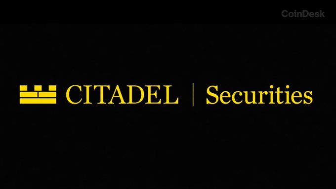 A black background displays the yellow "CITADEL | Securities" logo alongside a CoinDesk watermark, illustrating the article's report that Citadel Securities has dropped its trade secrets lawsuit against crypto market maker Portofino Technologies in favor of a bankruptcy action against its founder over an $8M unpaid arbitration award.