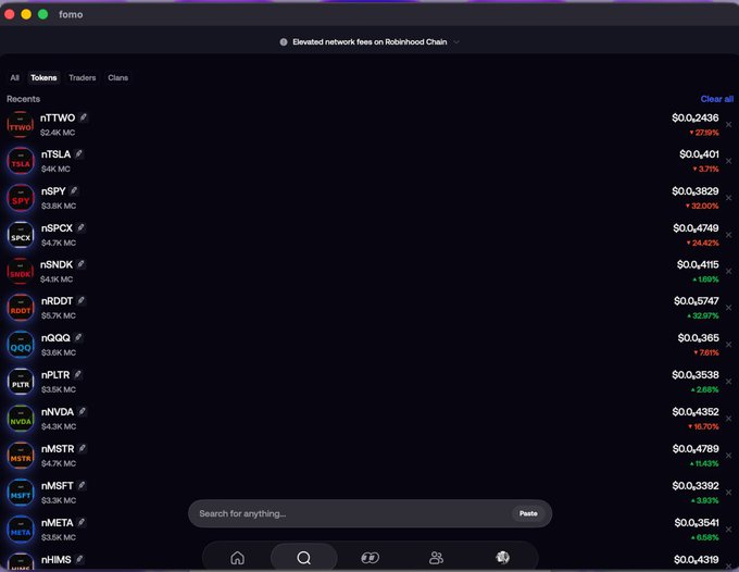 A screenshot of the Fomo app showing a list of memecoin tokens (including nTTWO, nTSLA, nSPY, nSPCX, nSNDK, nRDDT, nQQQ, nPLTR, nNVDA, nMSTR, nMSFT, nMETA, and nHIMS) with their market caps and prices, under a notification that reads "Elevated network fees on Robinhood Chain." The image relates to the post by displaying various "n" (Not Stocks) parody ticker tokens, including nSTOCKS, which the user jokingly claims to own despite each having minimal market value (~$0.39).