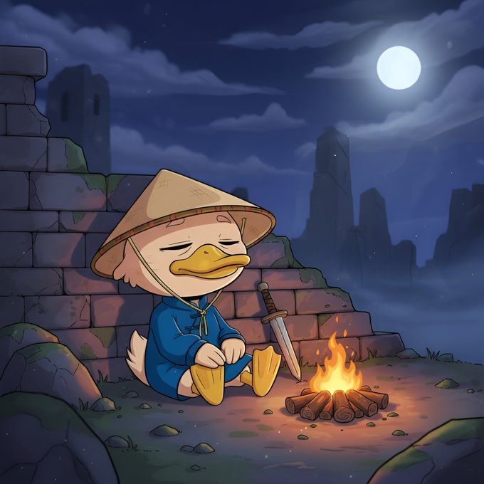 Illustrated scene of a sad anthropomorphic duck character wearing a conical straw hat and blue hoodie, sitting by a campfire under a full moon with a sword planted in the ground.
