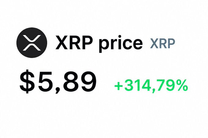 The image displays the XRP cryptocurrency logo alongside its price of $5.89, showing a +314.79% gain, which visually supports the post's claim of XRP's strong performance and leading position among top cryptocurrencies this cycle.
