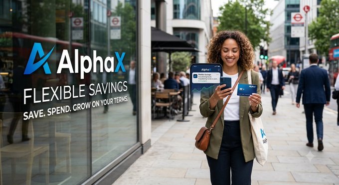 An advertisement for AlphaX Flexible Savings showing a smiling woman holding a phone displaying the app and a branded card, with the tagline 'FLEXIBLE SAVINGS. SAVE. SPEND. GROW ON YOUR TERMS.'