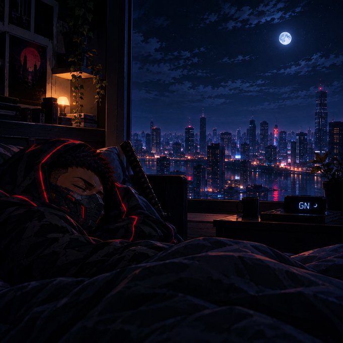 An illustrated cyberpunk scene of a person sleeping in a dark room with red neon accents, looking out a window at a city skyline at night with a full moon.