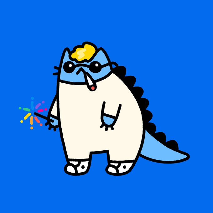 A cartoon character combining a cat and dinosaur (wearing sunglasses and a gold hat) holding a sparkler against a bright blue background.