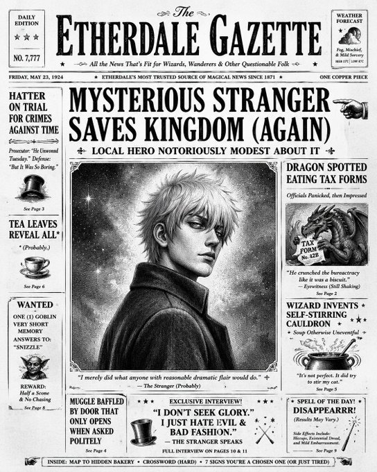 A vintage-style newspaper titled 'The Etherdale Gazette' with the headline 'MYSTERIOUS STRANGER SAVES KINGDOM (AGAIN)' featuring a pencil illustration of a young man, alongside side stories about dragons, wizards, and tea leaves.