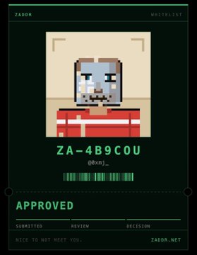 A digital approval card from ZAD0R with 'WHITELIST' at the top, a pixelated character avatar, the code 'ZA-4B9COU', and 'APPROVED' in green text at the bottom.