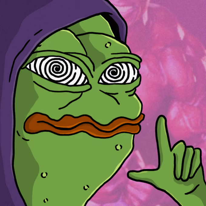 A cartoon-style green Pepe character with hypnotic spiral eyes, wearing a purple hood, against a pink textured background, pointing upward with one finger.