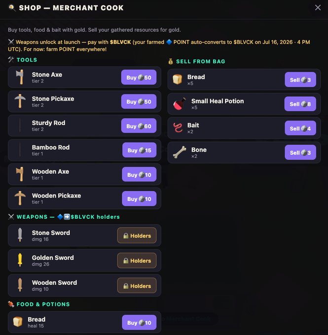 A 'SHOP — MERCHANT COOK' interface from a game displays tools, weapons, food, and potions for purchase, mentioning $BLVCK token launch on Jul 16, 2026.