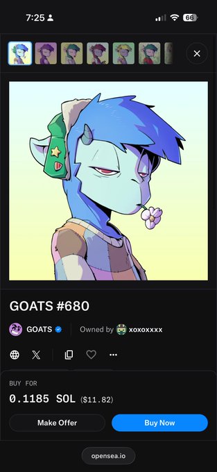A mobile screenshot of an NFT marketplace on opensea.io showing a 'GOATS #680' character art piece priced at 0.1185 SOL ($11.82), owned by xoxoxxx.