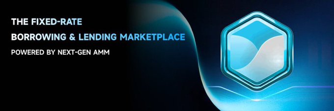 A dark blue promotional banner reads 'THE FIXED-RATE BORROWING & LENDING MARKETPLACE POWERED BY NEXT-GEN AMM' next to a glowing blue hexagonal logo on a futuristic background.