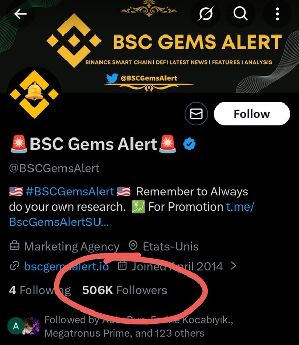 A Twitter/X profile screenshot for 'BSC Gems Alert' (@BSCGemsAlert), a Marketing Agency in the United States, with a red circle highlighting its 506K Followers.