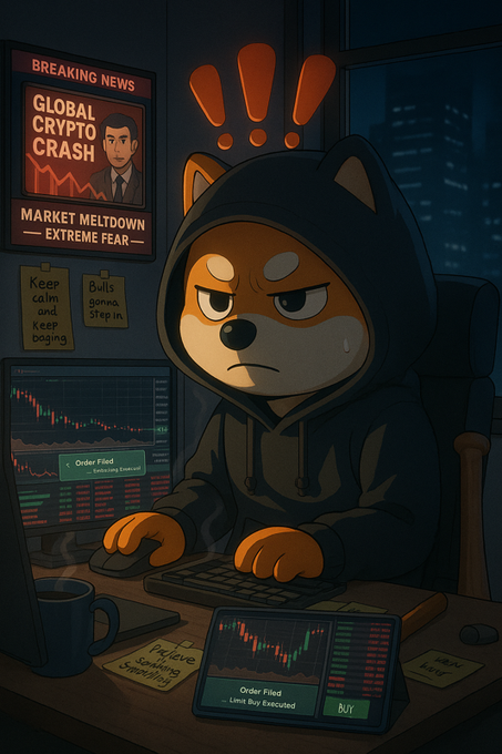 A cartoon Shiba Inu in a hoodie sits at a trading desk during a "GLOBAL CRYPTO CRASH" as shown on the breaking news screen, with a "Limit Buy Executed" notification appearing on a tablet—visually reinforcing the post's message about boldly buying $BONK amid market fear.