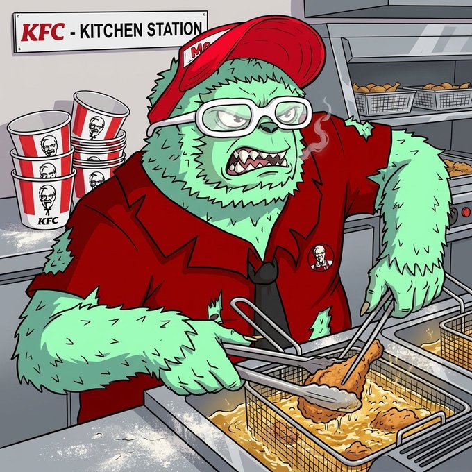 A green furry monster wearing a red KFC cap and uniform uses tongs to fry chicken at the "KFC - KITCHEN STATION," fitting the FATBROS "Roadmap 2.0" launch by serving as a playful mascot for the project's Genesis and Public Mint of its 10K collection.
