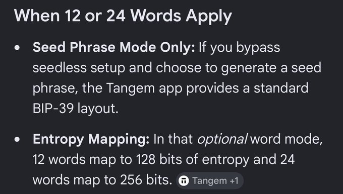 A informational slide titled 'When 12 or 24 Words Apply' explaining that in seed phrase mode, 12 words map to 128 bits of entropy and 24 words map to 256 bits, with a 'Tangem +1' tag.