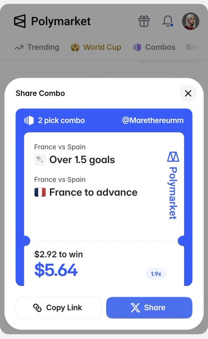 A screenshot of the Polymarket app showing a 'Share Combo' pop-up for a 2-pick combo by @Marethereum, betting on 'Over 1.5 goals' and 'France to advance' in a France vs Spain match, offering $5.64 to win on a $2.92 bet at 1.9x odds.
