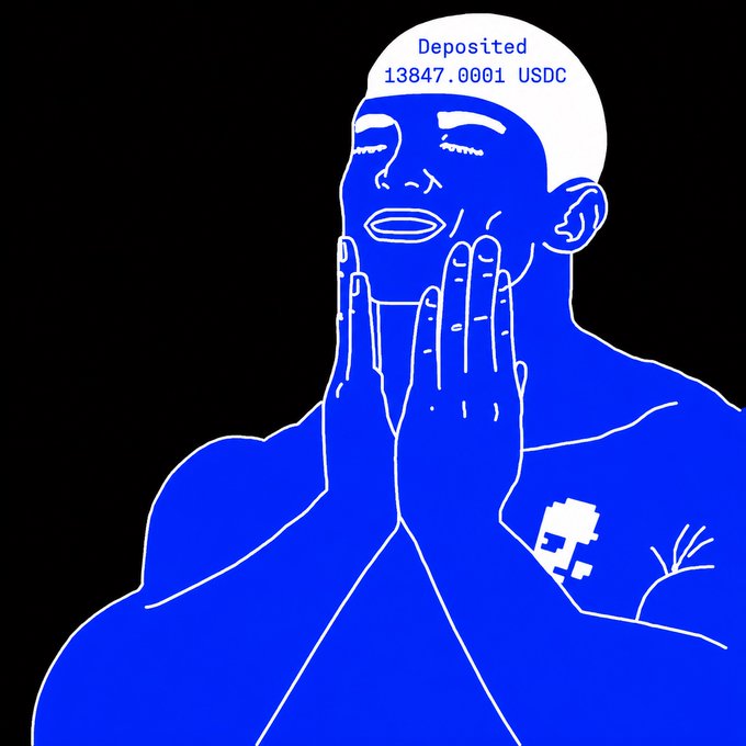 A stylized blue illustration of a man holding his face in his hands with a contemplative expression, featuring the text "Deposited 13847.0001 USDC" above his head, representing the user's recent $USDC deposit into the 3Jane vault to re-engage with the USD3 strategy.