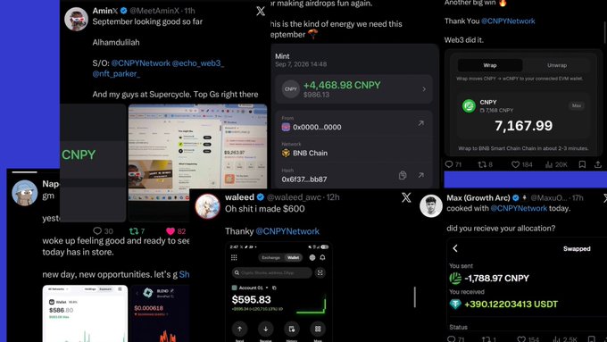 A collage of social media posts and crypto transaction screenshots featuring mentions of '@CNPYNetwork' and 'CNPY', showing wallet transactions, swap details, and trading activity with figures like '+4,468.98 CNPY' and '$595.83'.