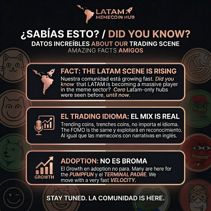An infographic for 'LATAM MEMECOIN HUB' titled '¿SABÍAS ESTO? / DID YOU KNOW?' presenting bilingual facts about the rising LATAM memecoin trading scene, community growth, and adoption on Pump.fun.