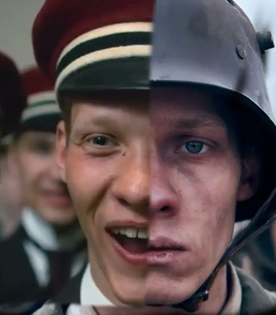 A split-image comparison showing a smiling, clean-shaven young man in a striped red cap on the left, and a battle-worn soldier wearing a German military helmet with grime on his face on the right.
