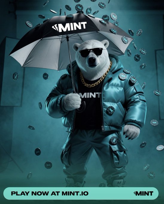 An advertisement for MINT featuring a polar bear wearing sunglasses, a gold chain, and a teal puffer jacket, holding a MINT-branded umbrella while MINT coins float around it, with 'PLAY NOW AT MINT.IO' at the bottom.