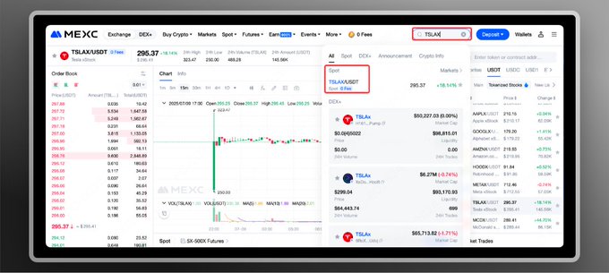 A screenshot of the MEXC cryptocurrency exchange interface displaying TSLAX/USDT trading at $295.37 with various stock tokens (AMZN, GOOGL, TSLA, NVDA) listed, supporting the post's message about tokenized stocks vs. stock futures available on the platform.