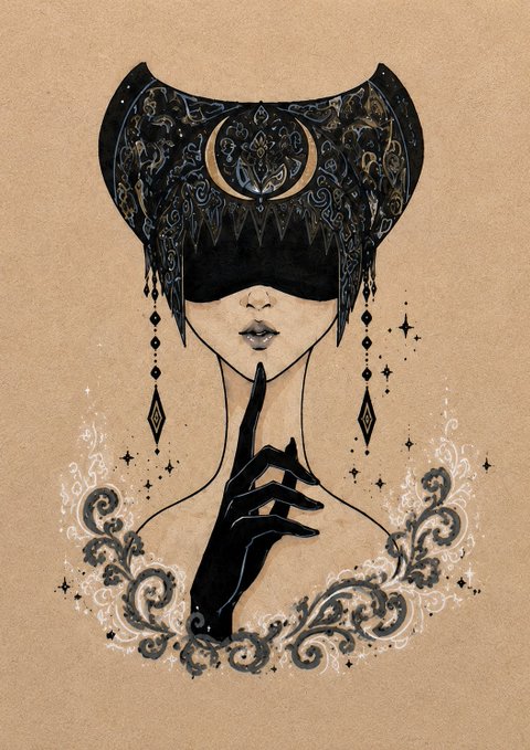 A dark fantasy illustration of a figure wearing an ornate crescent moon headdress with dangling jewels and a black glove held to their lips.
