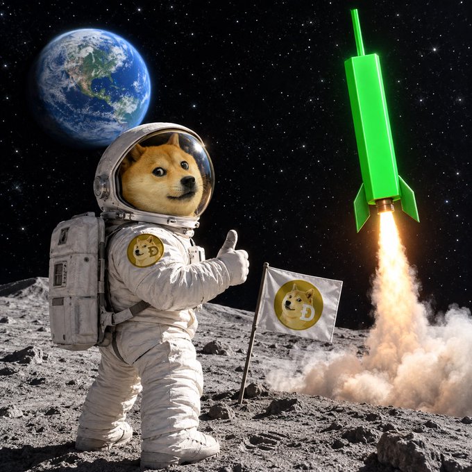 An AI-generated image of a Shiba Inu dog wearing an astronaut suit on the moon, giving a thumbs up next to a Dogecoin flag and a green rocket launching into space with Earth in the background.