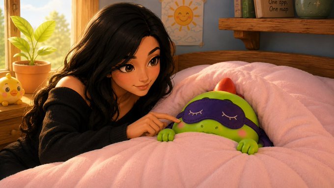 A Disney-style animated illustration of a young woman with long dark hair smiling as she gently touches a green plush toy wearing a purple sleep mask, nestled in pink bedding.