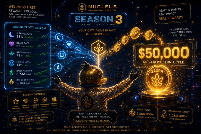 A promotional graphic for 'NUCLEUS REPUTATION NETWORK SEASON 3 THE NEXT EVOLUTION', highlighting a $50,000 SAURA REWARD UNLOCKED and various wellness data metrics.