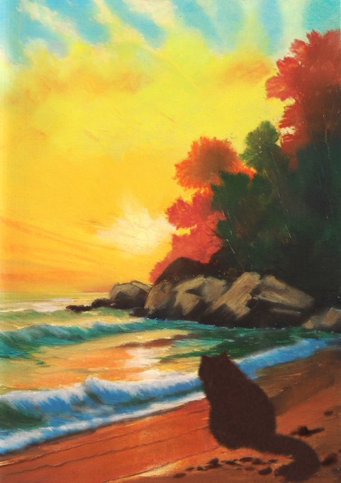 Painterly sunset landscape showing a black cat silhouette sitting on a beach, watching waves crash against rocks beneath trees with reddish foliage and a yellow-orange sky.