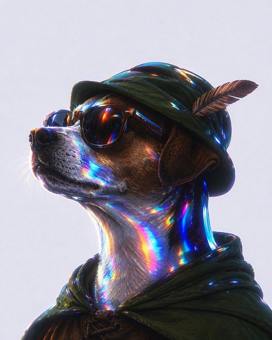 A fashionable dog wears sunglasses, a feathered hat, and a dark cloak, illuminated by vibrant rainbow reflections. It represents Wishbone as the “#1 Robinhood dog,” blending a legendary canine hero aesthetic with a meme-token community.