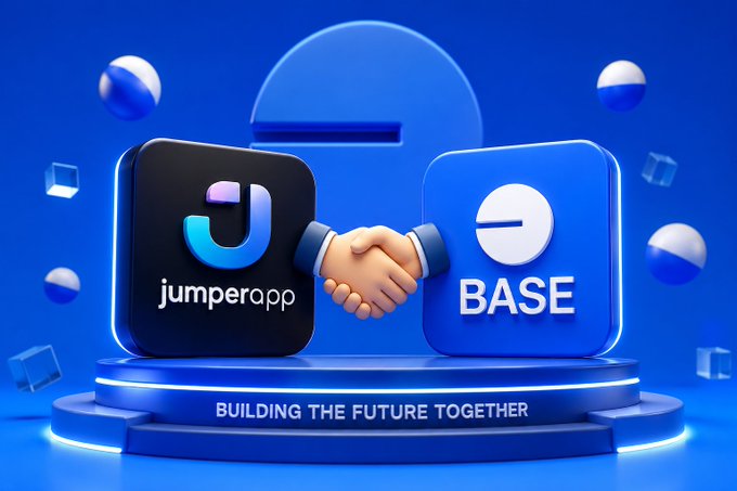 A 3D graphic shows a handshake between the 'jumperapp' logo and the 'BASE' logo with the tagline 'BUILDING THE FUTURE TOGETHER' displayed on a blue pedestal.