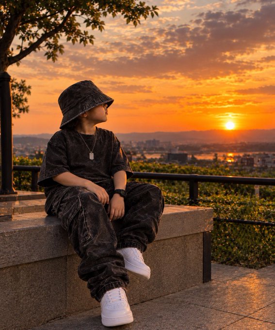 A young person in dark camouflage clothing, a bucket hat, and white sneakers sits on a stone ledge, watching a sunset over a distant landscape.