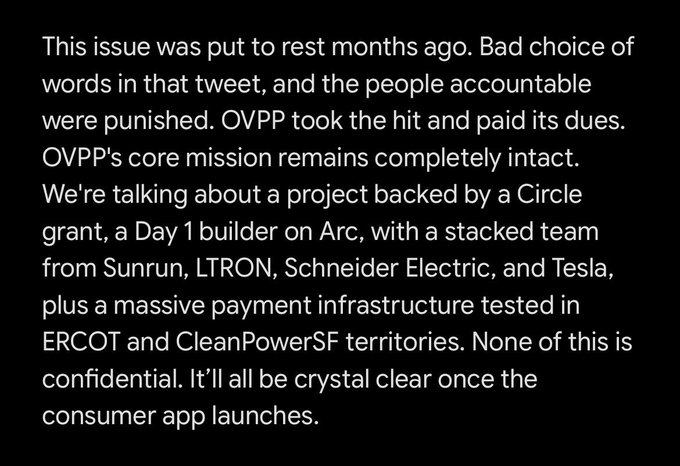 A block of white text on a black background discussing OVPP, mentioning a Circle grant, Arc builders, and a team from Sunrun, LTRON, Schneider Electric, and Tesla, along with payment infrastructure in ERCOT and CleanPowerSF territories.