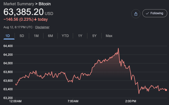 A Bitcoin market summary chart shows BTC at $63,385.20 USD, down $146.56 (0.23%) today as of August 12, 6:17 PM UTC, with a downward-trending intraday chart peaking near $64,300 before sliding to around $63,400. The price decline visually reinforces the post's message, suggesting that holders continuing to hold (not sell) Bitcoin are weathering a notable drop after a midday peak.