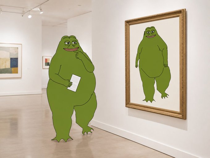 A green Pepe frog standing in an art gallery, thoughtfully viewing a framed portrait of himself with a hand on his chin.