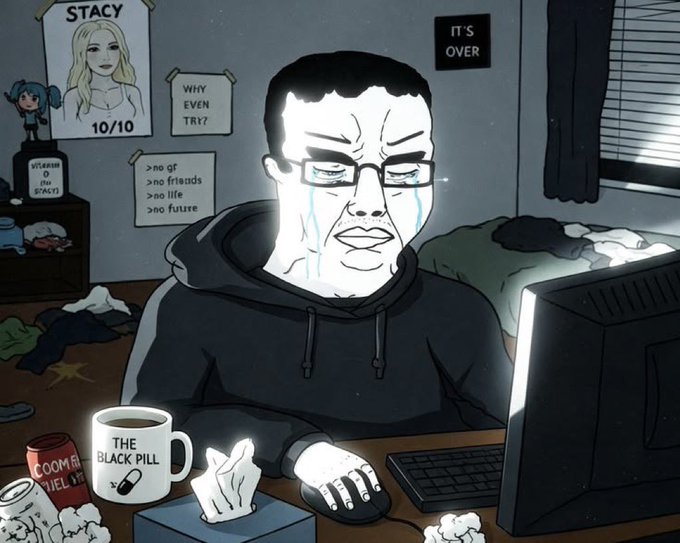 A dark cartoon illustration of a sad, crying man wearing glasses sitting at a computer in a messy room, with posters reading 'STACY 10/10', 'WHY EVEN TRY?', 'IT'S OVER', and 'THE BLACK PILL' visible on the walls and a mug.
