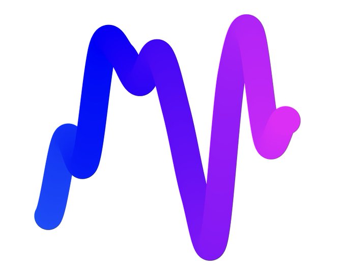 A stylized logo displays a flowing, ribbon-like letter 'M' rendered in a gradient of blue to purple and pink against a white background.