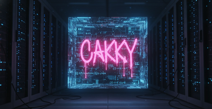 A neon pink graffiti-style text 'CAKKY' dripping inside a glowing blue circuit-board cube within a dark server room.