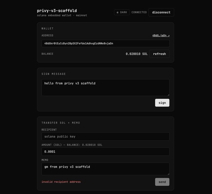 The image shows a screenshot of a website called " privy3-scaffold" that appears to be a tutorial or guide for building a private scaffolding system, possibly related to Bitcoin wallets. The website has two tabs open on its screen, one with a message box and another tab displaying the privacy settings page. The privacy settings page is titled "privy3-scaffold" and includes options such as "sign", "signed", and "signed_with". The image also contains text that says "Built a privy scaffold so you don' t lose users like I did half the privy guides don't help my Solana fellows anymore after v3 - sentry logs are piled if it works for a product at 10k+ DAU, it'll handle yours:".