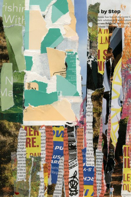 A torn paper collage artwork using pieces of magazine articles and colorful posters, with partially visible text fragments like 'ishir', 'With', 'PIEC', and 'by Step'.