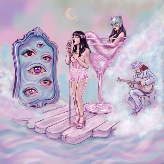 A surreal digital illustration depicts a singer in a pink ruffled dress on a cloud-like stage, accompanied by a guitarist in a lavender suit, a cat-masked figure inside a martini glass, and a three-eyed mirror, all set against a pastel sky with a crescent moon.