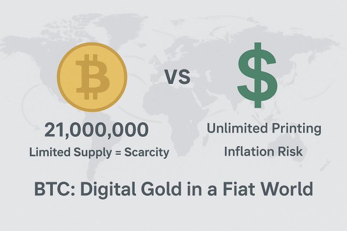 An infographic compares Bitcoin to the US Dollar, showing 'BTC: Digital Gold in a Fiat World.' Bitcoin has a '21,000,000' 'Limited Supply = Scarcity,' while the dollar has 'Unlimited Printing' and 'Inflation Risk.'
