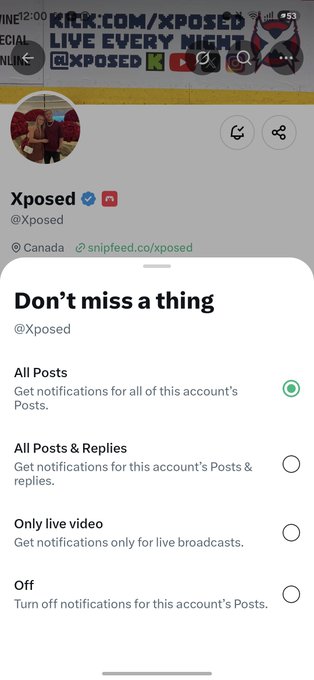 A Twitter/X notification settings screen for the account 'Xposed' (@Xposed) showing the options to select 'All Posts', 'All Posts & Replies', 'Only live video', or 'Off'.