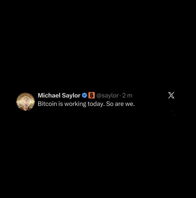 A tweet from Michael Saylor (@saylor) with a Bitcoin ₿ symbol in his display name reads: "Bitcoin is working today. So are we." The image shows the tweet itself, directly matching the accompanying post about Saylor's bullish statement on Bitcoin.