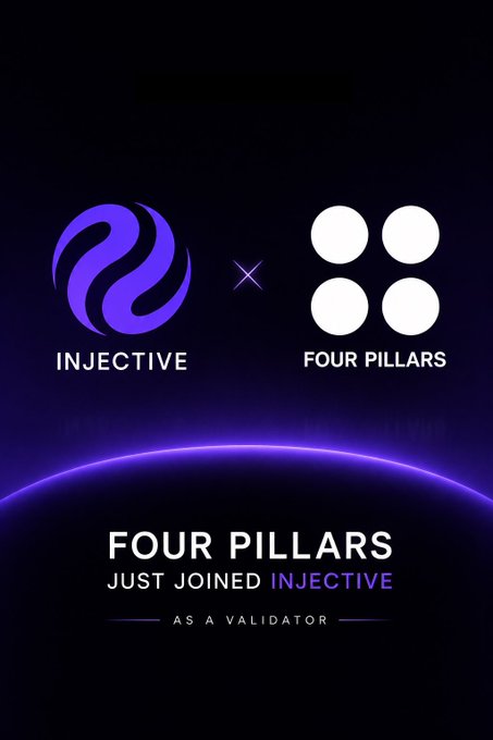 A promotional graphic with a dark background featuring the 'INJECTIVE' logo and the 'FOUR PILLARS' logo separated by an 'x', with text reading 'FOUR PILLARS JUST JOINED INJECTIVE AS A VALIDATOR'.