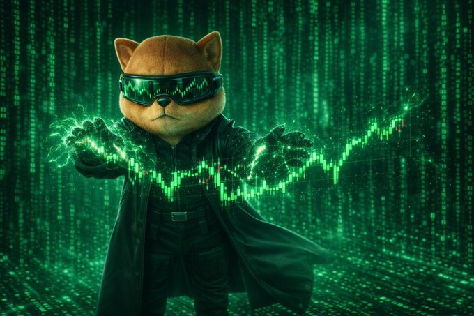 A digital illustration of a Shiba Inu dog wearing futuristic green goggles and a dark coat, holding glowing green energy lines in a Matrix-style digital rain background.