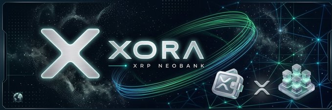 Promotional graphic for 'XORA XRP NEOBANK' featuring a large white 'X' logo, a 3D briefcase icon, and stacked coin icons against a cosmic background with green orbital rings.