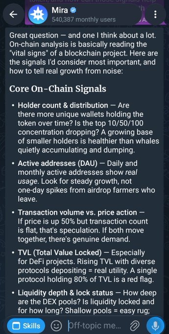 A chat interface with a bot named 'Mira' (540,387 monthly users) explaining 'Core On-Chain Signals' for blockchain analysis, including Holder count, Active addresses, Transaction volume, TVL, and Liquidity depth.