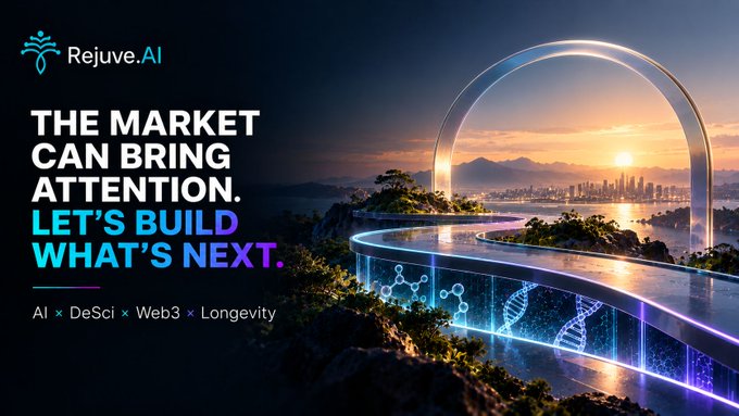 A promotional banner for 'Rejuve.AI' displays the tagline 'THE MARKET CAN BRING ATTENTION. LET'S BUILD WHAT'S NEXT.' along with 'AI × DeSci × Web3 × Longevity', featuring a futuristic archway over water with a sunset cityscape and DNA helix imagery.